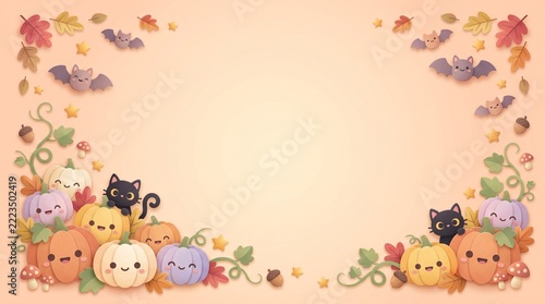 Cute Kawaii Halloween Pumpkin Cat Ghost Frame 3D Illustration With Copy Space