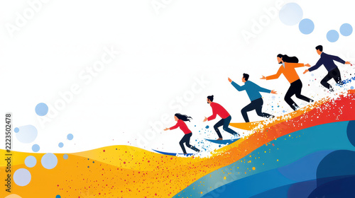 Colorful illustration of people surfing on vibrant waves, showcasing teamwork and adventure in playful atmosphere