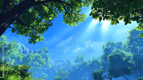 Serene forest scene with vibrant green foliage, bright blue sky, and soft sunlight filtering through trees creates peaceful atmosphere
