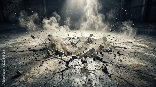 Powerful impact creates a shattered crater in concrete ground with rising dust