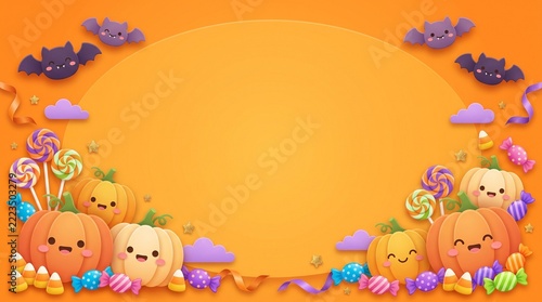 Cute Kawaii Halloween Pumpkin Candy Frame Vector Illustration With Copy Space