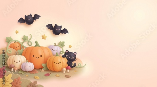 Cute Halloween Pumpkin And Bat Corner Vector Illustration With Copy Space