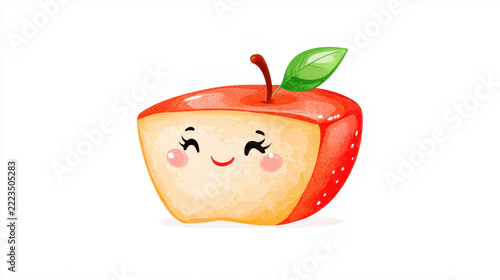 Cute apple slice with smiling face and green leaf, showcasing playful and cheerful design