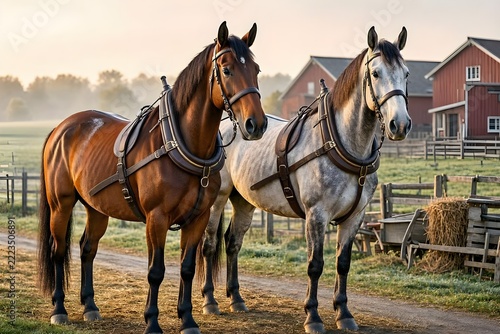 Two Majestic Horses Standing Together in Leather Harness Gear on Rural Farm Track near Barn at Sunrise, Agriculture and Equestrian Concept