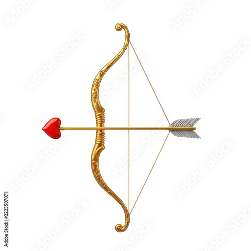 Golden cupid bow and arrow with a red heart tip isolated on white background