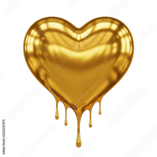 Golden heart shape with dripping liquid isolated on white background