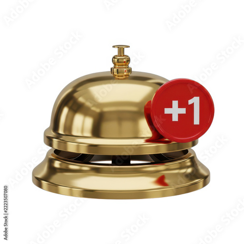 Golden hotel service bell with a red notification badge isolated on white background