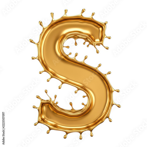 Golden letter s made of liquid gold splash isolated on white background