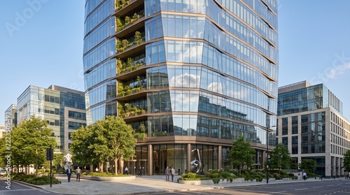 Skyscraper facade features a modern glass design with integrated green plants and reflective surfaces in an urban city environment.
