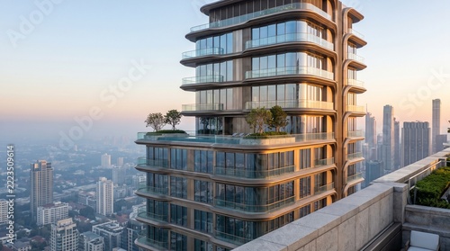 Modern residential high-rise features a rooftop terrace overlooking a hazy urban expanse.