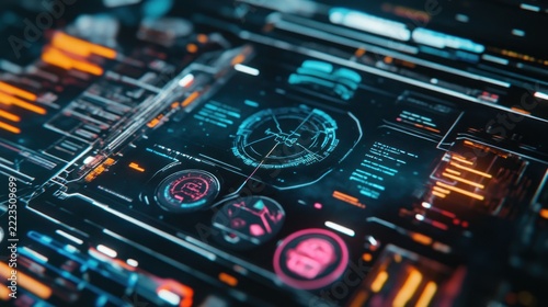 Futuristic cyber interface with glowing digital displays, advanced holographic screens, and high-tech control panels in a sci-fi workspace concept