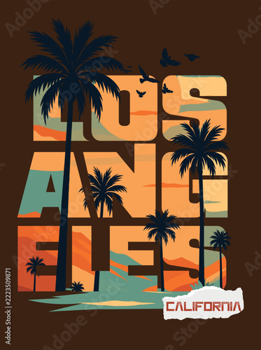 Los Angeles vintage typography vector illustration with bold letters, palm trees, retro landscape and California design