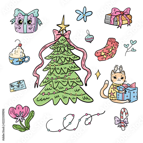 Festive New Year vector sticker collection with a gift-holding cat, decorated Christmas tree, cat-shaped present, cocoa and seasonal sweets on a white background.