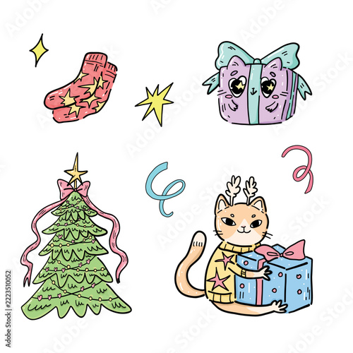 Festive New Year sticker collection with an adorable gift-holding cat, reindeer antlers, Christmas sweater, decorated tree with garlands and a star, holiday socks, and a cat-shaped gift box. Vector 