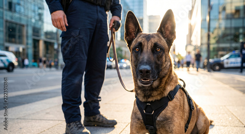 Police dog sitting on city street with handler