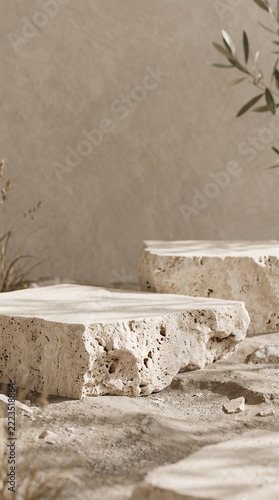Paired travertine pedestals separated across near and rear planes to create clear spatial layering for natural product display