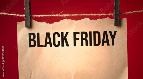 Black Friday sign on kraft paper hanging with wooden clips against a vibrant red background for sale. black Friday sign on paper hanging against red background. 