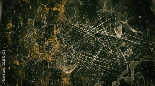 Abstract gold and black ink splash texture with chaotic lines and distressed background