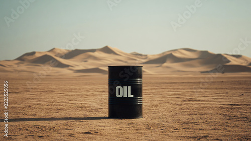 Black Oil Barrel in Arid Desert Landscape Symbolizing Fossil Fuel Industry Energy Resources and Environmental Impact