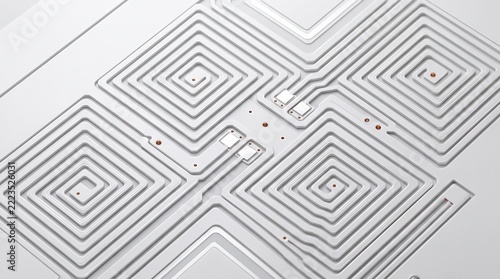 NFC tag antenna circuit board close-up photo. White minimalist surface with square spiral conductive traces and microchip components. Industrial technology macro shot for electronics manufacturing