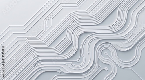 Circuit board pattern with embossed lines in a minimal white aesthetic. The abstract technological pathways create a clean surface texture. Modern digital background for tech and engineering themes
