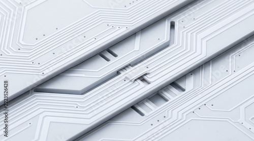 Circuit board macro abstract technology background. Detailed white printed circuit board with embossed conductive lines and pathways. Modern industrial hardware texture for computing system concept