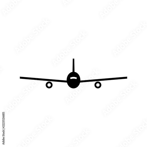 Minimalist black airplane icon front view for travel agency and