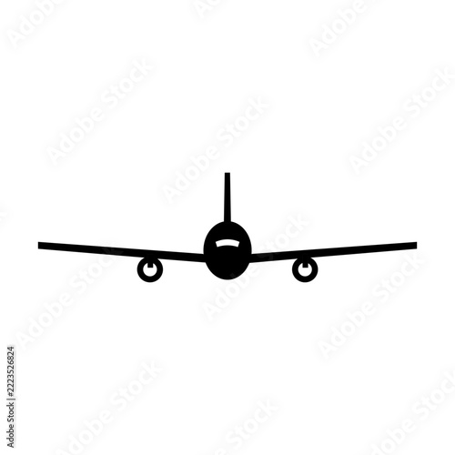 Minimalist black airplane icon front view for travel and aviation