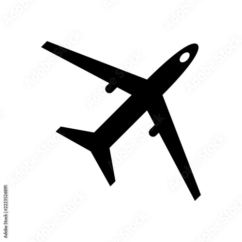Black airplane silhouette icon for travel and aviation design