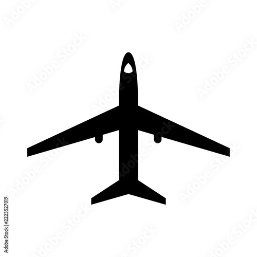 Black airplane silhouette icon for travel and aviation business