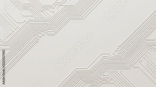 Circuit board pattern in white 3D render. Intricate electronic pathways and microchip connections on a clean minimalist surface. Professional technology background for digital innovation concepts