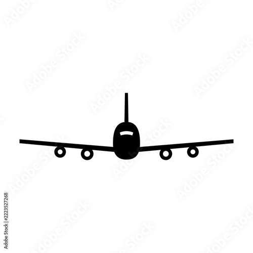 Black silhouette of a commercial airplane front view isolated on a