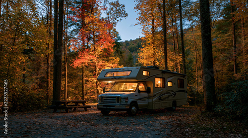 a serene forest during autumn. A silver recreational vehicle, likely a motorhome or camper van, is parked in the center of the frame.