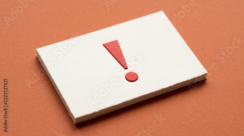 Exclamation mark on white card photograph. Red symbol printed on textured paper against a solid orange background. Minimalist conceptual image for urgent messaging, important notice, and alerts