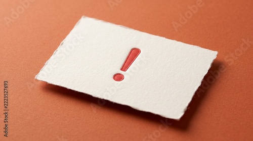 Exclamation mark symbol printed on textured white paper card. Red warning sign centered on a rustic surface for digital communication, alert notification, and important business notice concepts
