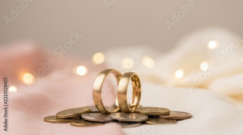 Gold Wedding Rings Resting on Coins Draped in Silk with Bokeh