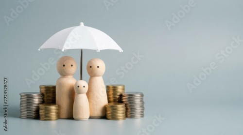 White Umbrella Sheltering Wooden Peg Doll Family and Coin Stacks
