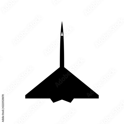 Black silhouette of a fighter jet aircraft isolated on a white