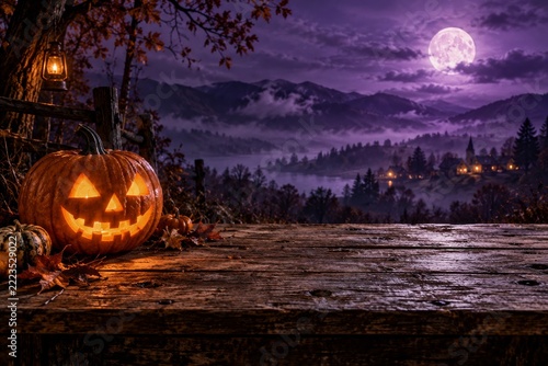 Glowing Halloween Pumpkin on Rustic Table in a Purple Moonlit Landscape