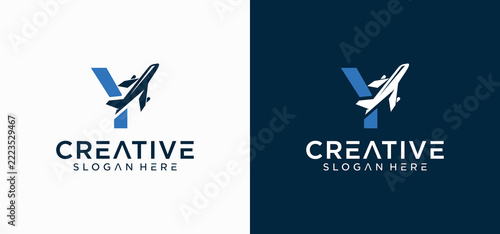 Letter Y Monogram Logo for a Travel Agency Featuring Airplane and Globe Symbols