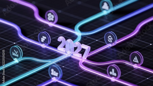 Futuristic 2027 year sign with glowing digital network lines