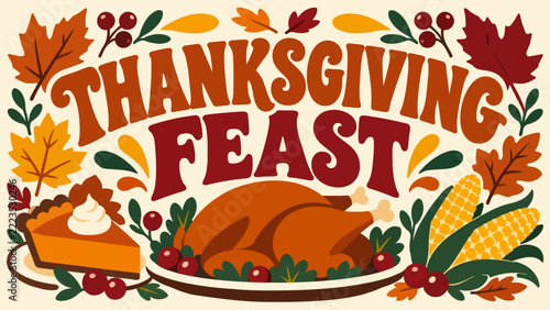 A colorful autumnal illustration features a roasted turkey, a slice of pumpkin pie, and corn cobs under the bold text Thanksgiving Feast.