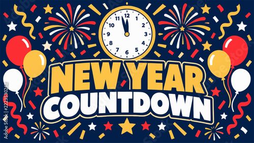 A festive holiday illustration featuring a clock striking midnight with fireworks and balloons to celebrate a New Year's Eve countdown.
