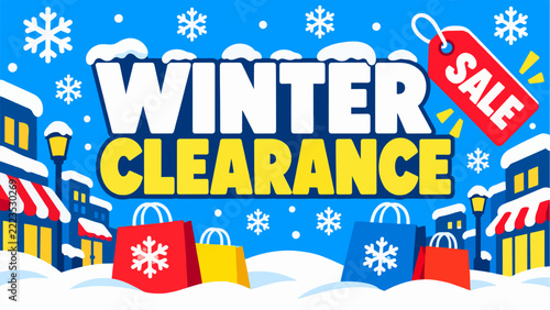 A colorful graphic illustration advertising a winter clearance sale featuring shopping bags and a snowy town background.