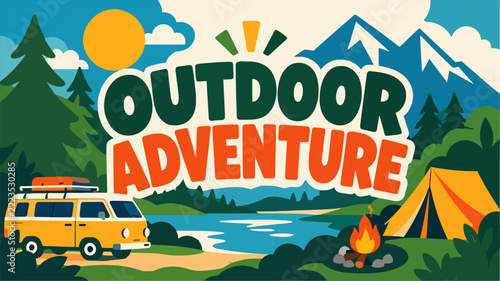 A colorful flat illustration features a yellow camper van parked by a lake with a campfire and tent under mountain peaks to promote outdoor adventure.