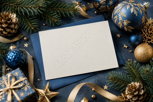 Blank holiday greeting card mockup surrounded by blue and gold festive decora...