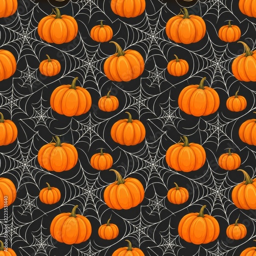 Repeating Halloween illustration of orange pumpkins and delicate white spider...
