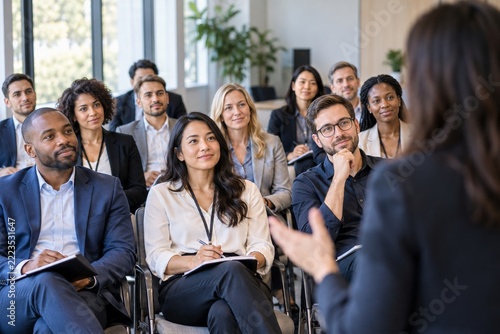 Business professionals listening to a seminar in a modern meeting room