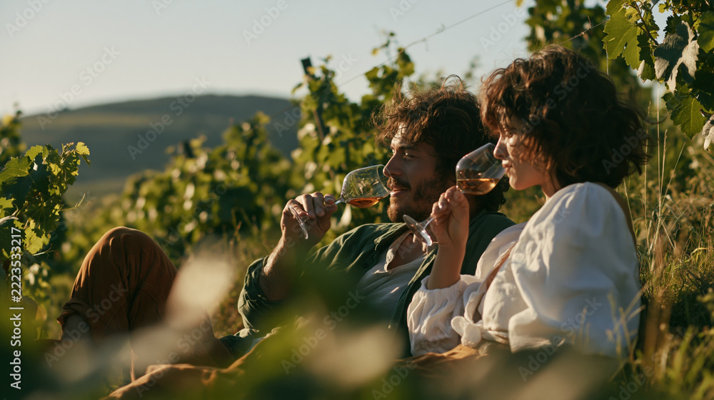 Fototapeta premium a woman sit in a vineyard, sipping wine. The man, with curly hair, wears a green shirt and brown pants. The woman, wearing a white blouse, has curly hair. They are surrounded by lush green grapevines.
