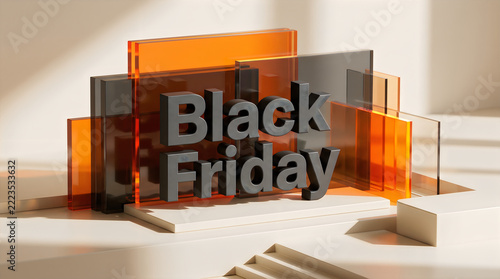 Minimalist Black Friday 3D typography promotional design with translucent colored glass panels and neutral podium steps